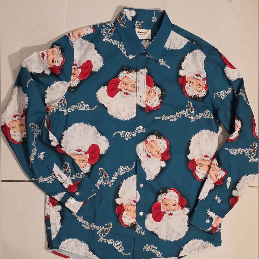 New Santa Shirt Long Sleeve Mens Size M Tunevuse Brand Festive Merry Christmas
